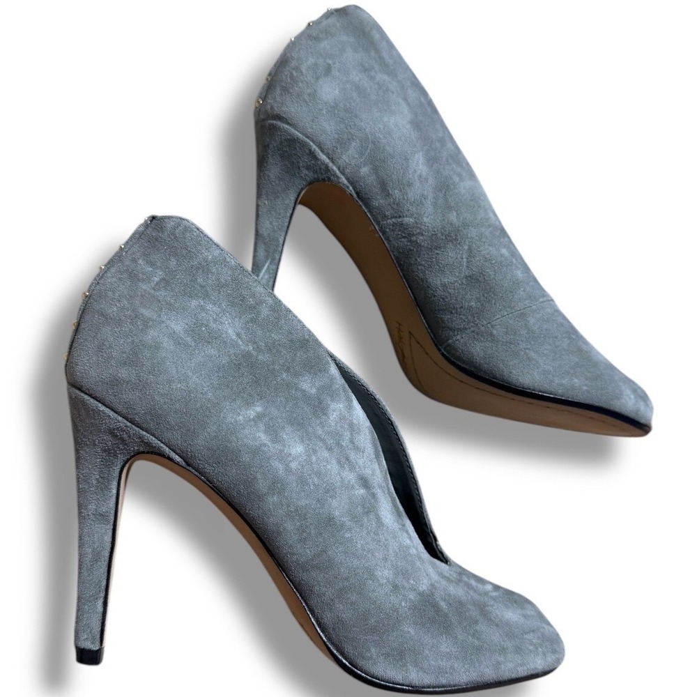 Halogen Katrina Gray peep toe Suede Booties Stiletto 4" Heel Studded Pumps Sz 8M